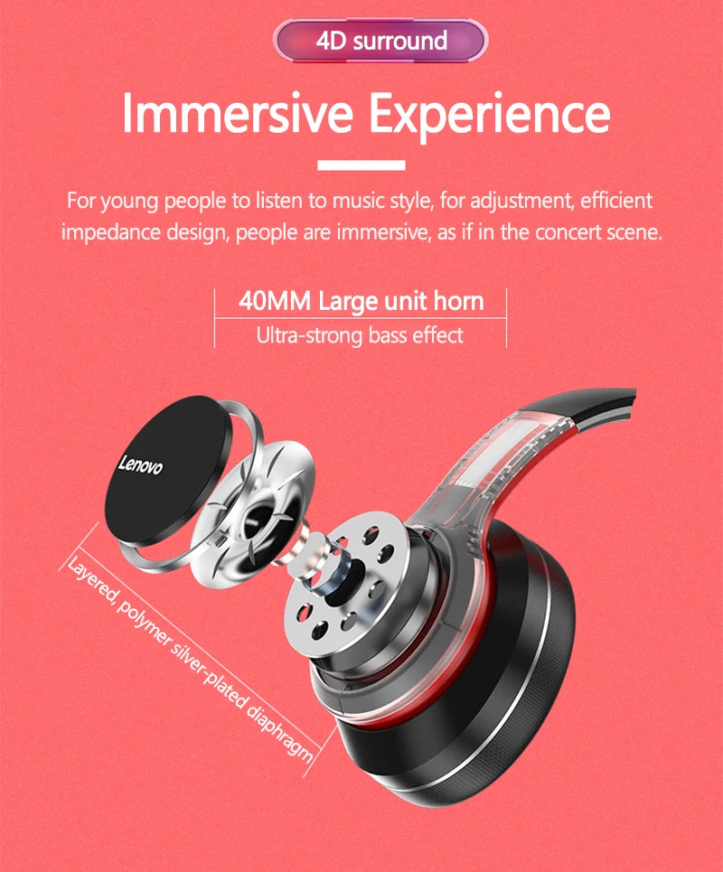 Lenovo HD200 Wireless Bluetooth Over-Ear Headphones – Noise Cancelling HiFi Stereo Gaming Headset with Microphone