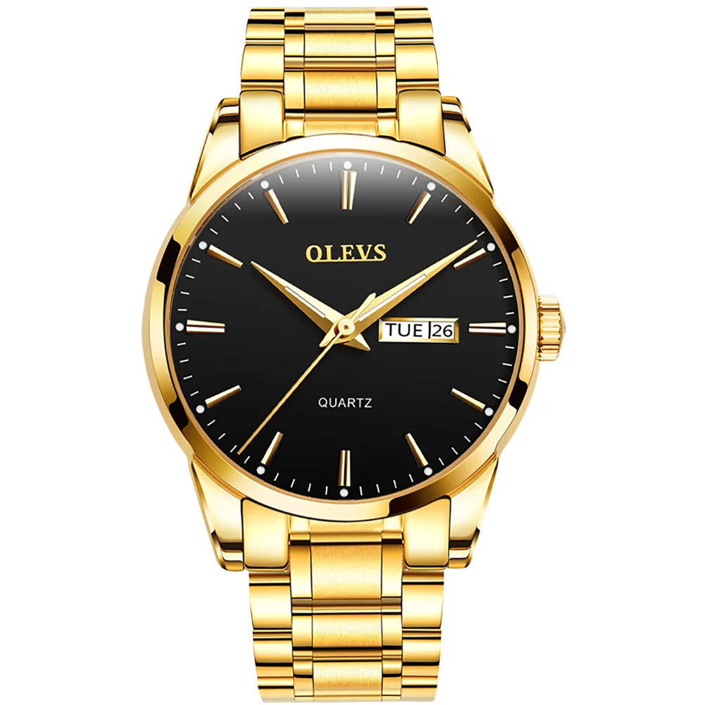 Montre pour homme OLEVS – Montre-bracelet à quartz en acier inoxydable, étanche, dorée, élégante et lumineuse, accessoire de luxe pour hommes