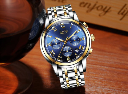 Montre pour homme LIGE – Chronographe de luxe, style sport décontracté, étanche, entièrement en acier, mouvement à quartz