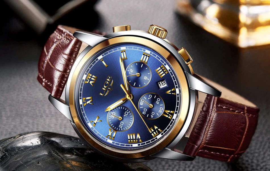 Montre pour homme LIGE – Chronographe de luxe, style sport décontracté, étanche, entièrement en acier, mouvement à quartz
