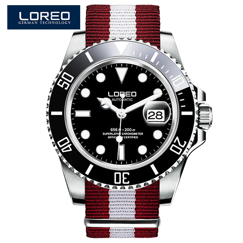LOREO New Sapphire Glass Automatic Mechanical Watch Luxury Steel 200m Waterproof Business Watch Men Watches Reloj Hombre