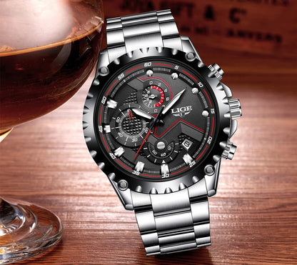 Montre pour homme LIGE – Montre à quartz tendance, marque de luxe, tout en acier, style professionnel, étanche et sportive – Livrée avec boîte