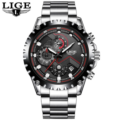 Montre pour homme LIGE – Montre à quartz tendance, marque de luxe, tout en acier, style professionnel, étanche et sportive – Livrée avec boîte