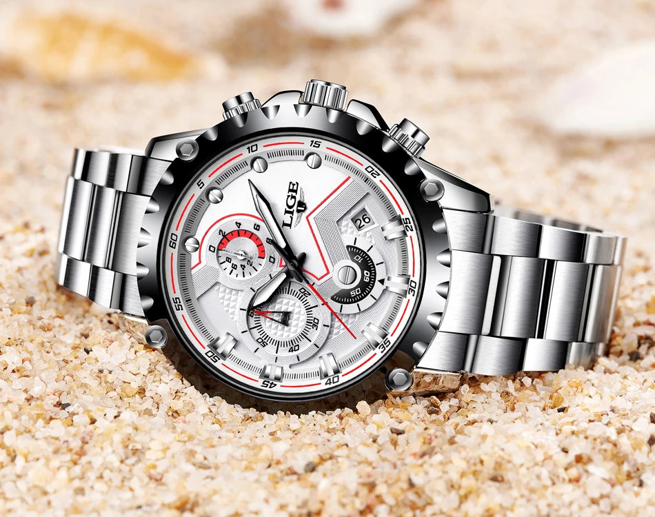 Montre pour homme LIGE – Montre à quartz tendance, marque de luxe, tout en acier, style professionnel, étanche et sportive – Livrée avec boîte