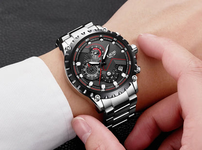 Montre pour homme LIGE – Montre à quartz tendance, marque de luxe, tout en acier, style professionnel, étanche et sportive – Livrée avec boîte