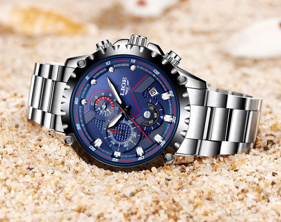 Montre pour homme LIGE – Montre à quartz tendance, marque de luxe, tout en acier, style professionnel, étanche et sportive – Livrée avec boîte