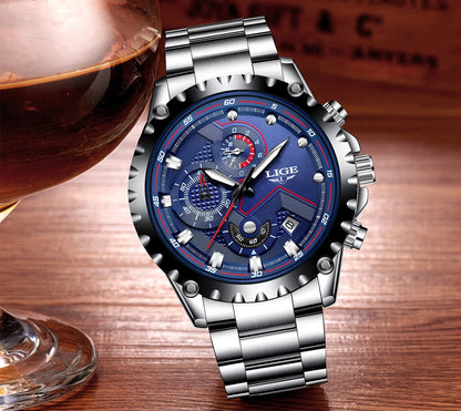 Montre pour homme LIGE – Montre à quartz tendance, marque de luxe, tout en acier, style professionnel, étanche et sportive – Livrée avec boîte