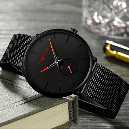 Montre pour homme CRRJU – Montre à quartz de luxe, style décontracté, fine, avec bracelet en maille d'acier, étanche et sportive.