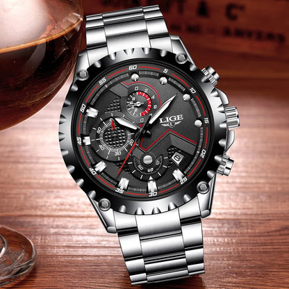 Montre pour homme LIGE – Montre à quartz tendance, marque de luxe, tout en acier, style professionnel, étanche et sportive – Livrée avec boîte