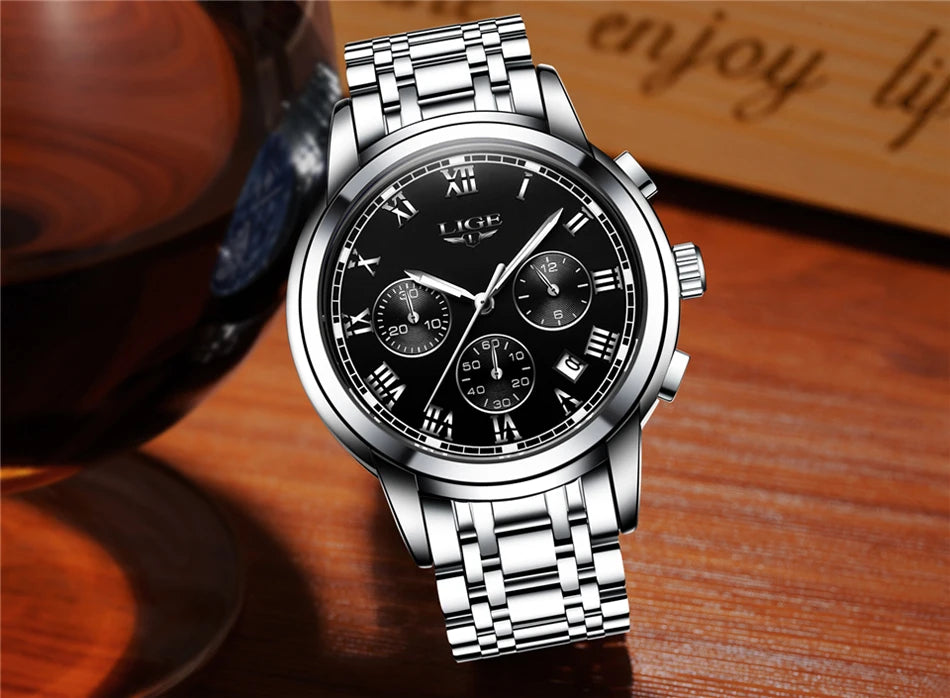 Montre pour homme LIGE – Chronographe de luxe, style sport décontracté, étanche, entièrement en acier, mouvement à quartz