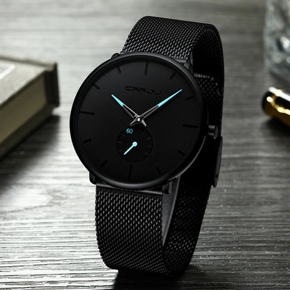 Montre pour homme CRRJU – Montre à quartz de luxe, style décontracté, fine, avec bracelet en maille d'acier, étanche et sportive.