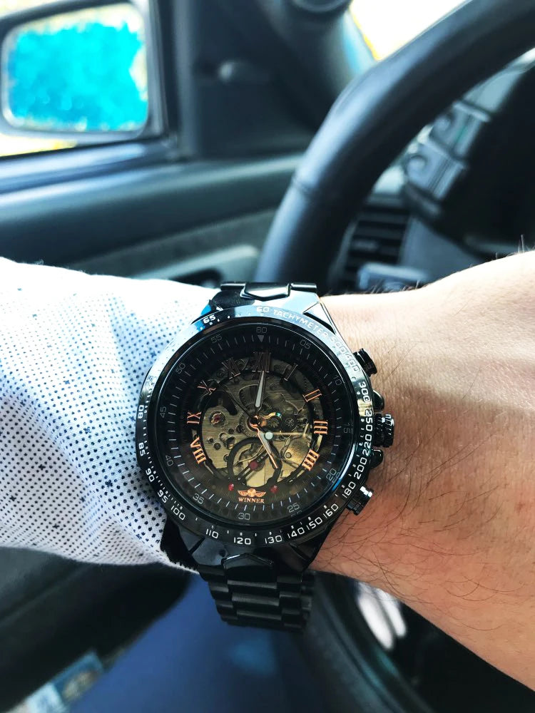 Winner herreur – Sportligt design, detaljeret urkrans, trendy stil, prestigefyldt mærke, automatisk ur med synligt urværk (skeletur)