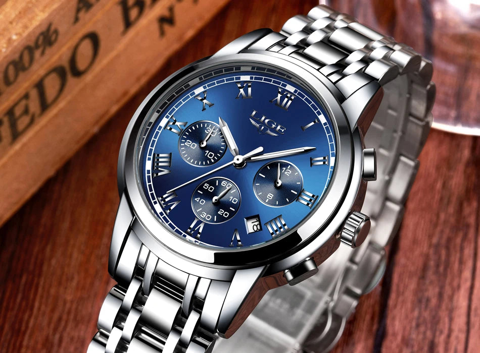 Montre pour homme LIGE – Chronographe de luxe, style sport décontracté, étanche, entièrement en acier, mouvement à quartz