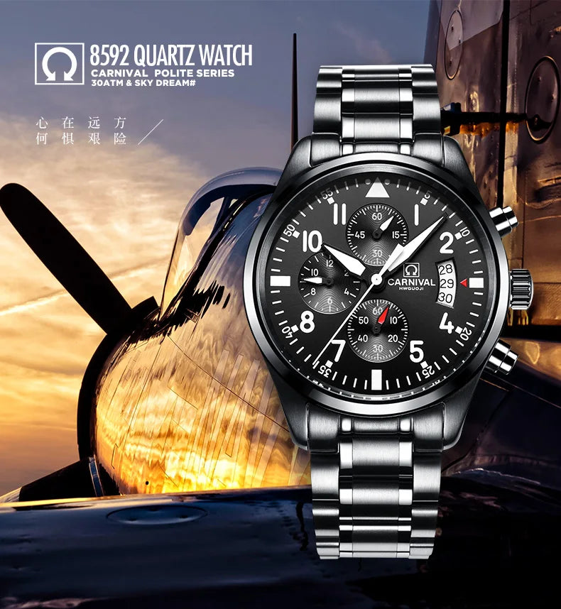 Chronograph luminous military running sport full steel men stop watch genuine leather strap luxury brand watches sapphire reloj