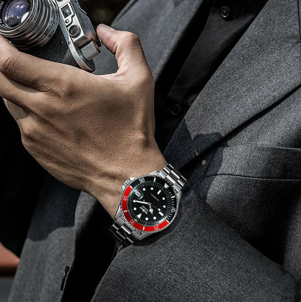 Orologio meccanico classico da uomo – Marchio di lusso, stile professionale, movimento automatico, lunetta girevole, quadrante luminescente, bracciale in acciaio
