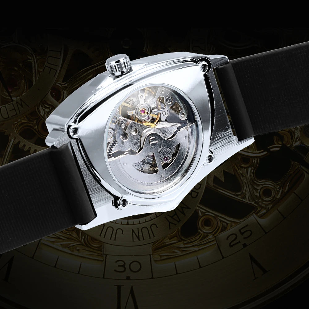 Orologio automatico da uomo WINNER, design scheletrato triangolare, lancette luminescenti, cinturino in gomma, stile militare, orologio meccanico di lusso