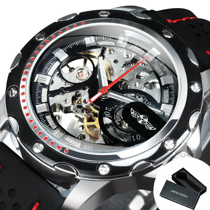 Montre automatique pour homme WINNER – Modèle mécanique squelette, aiguilles luminescentes, bracelet en caoutchouc, style sportif et luxueux, idéale pour les activités en plein air