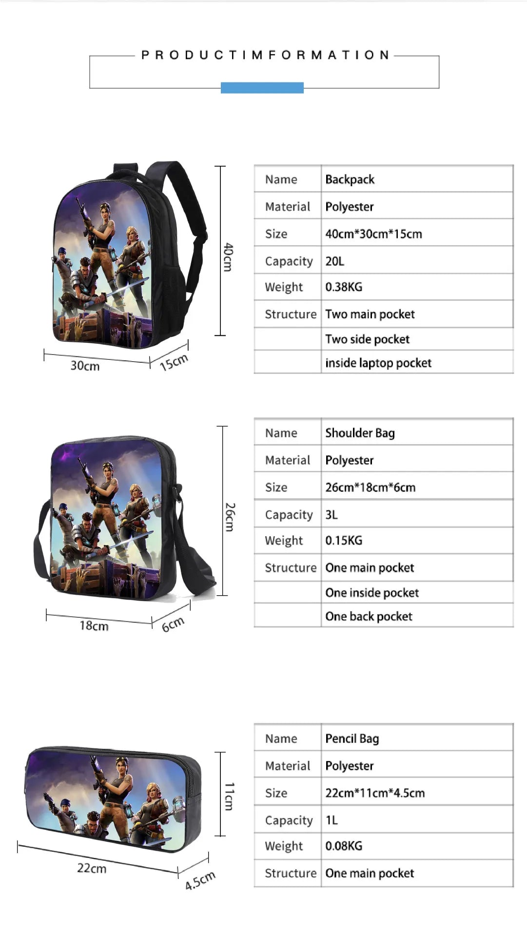 Fortnite Kids 3pcs Backpack Set Women Backpacks Office Stationary for Teenage Girls Boys Laptop Backpack Casual Travel Rucksack