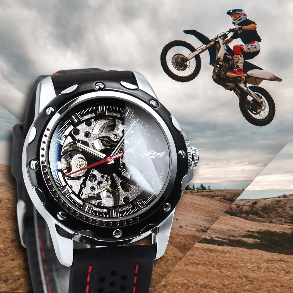 Montre automatique pour homme WINNER – Modèle mécanique squelette, aiguilles luminescentes, bracelet en caoutchouc, style sportif et luxueux, idéale pour les activités en plein air