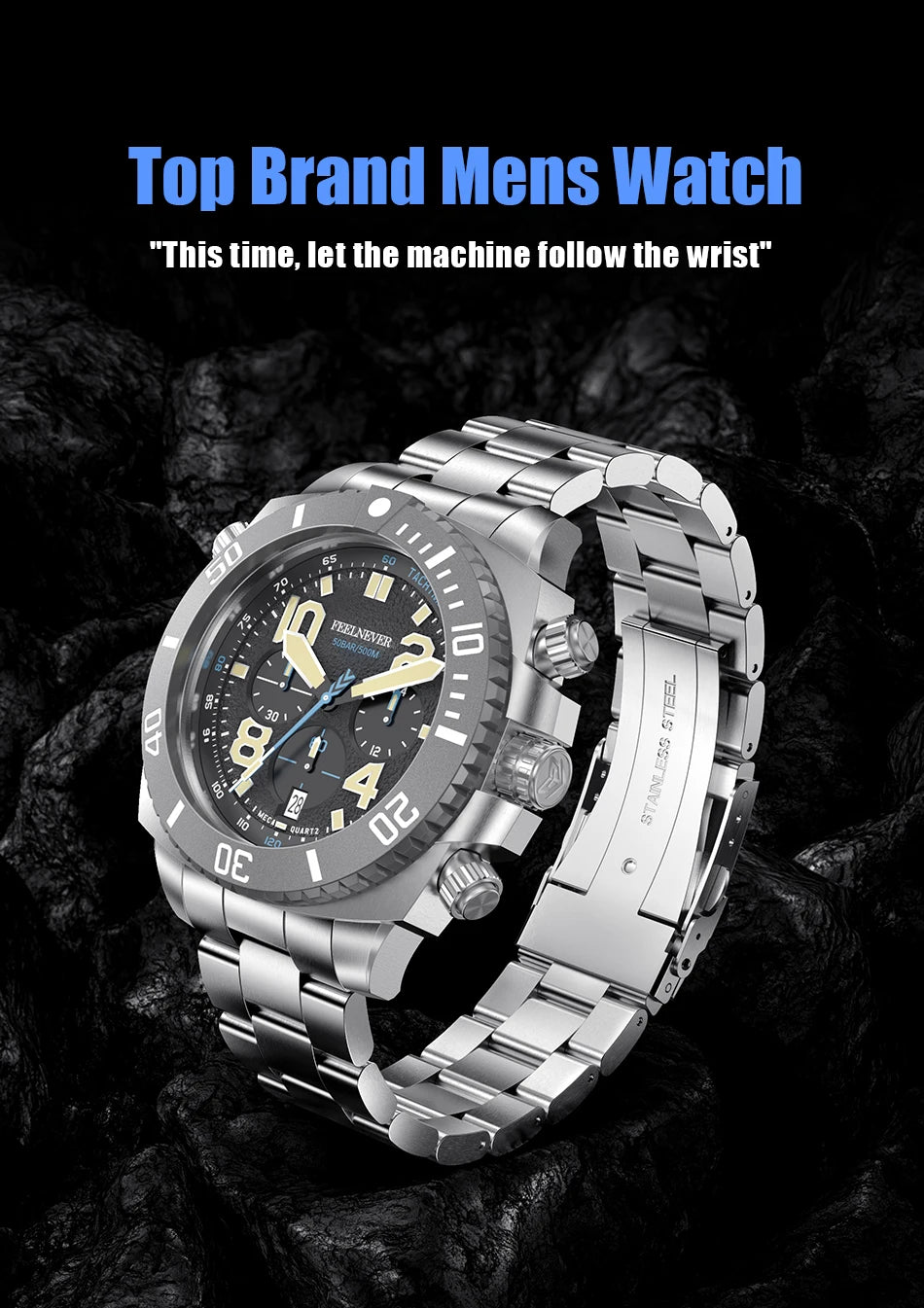 FeelNever Sport Automatic Movement Quartz Watch Stainless Steel Sapphire Crystal Watches Men 500M Waterproof Clocks Reloj Hombre