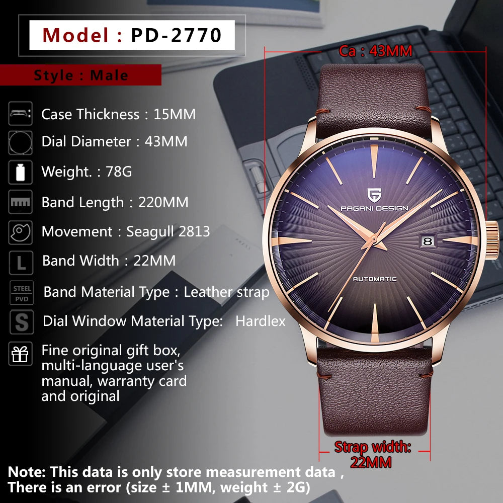 2026 New PAGANI DESIGN Men's Watches Fashion Sports Gold Watch For Men Automatic Mechanical Wristwatches Men Waterproof Leather