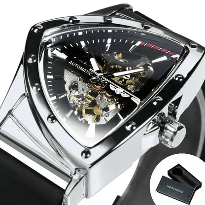 Orologio automatico da uomo WINNER, design scheletrato triangolare, lancette luminescenti, cinturino in gomma, stile militare, orologio meccanico di lusso