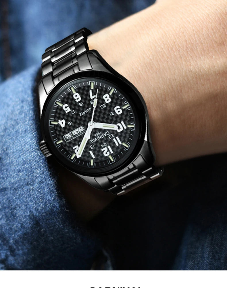 Reloj CARNIVAL de marca de lujo para hombre, reloj de cuarzo con manecillas luminosas, resistente al agua, de acero inoxidable macizo, Relogio Masculino 8638