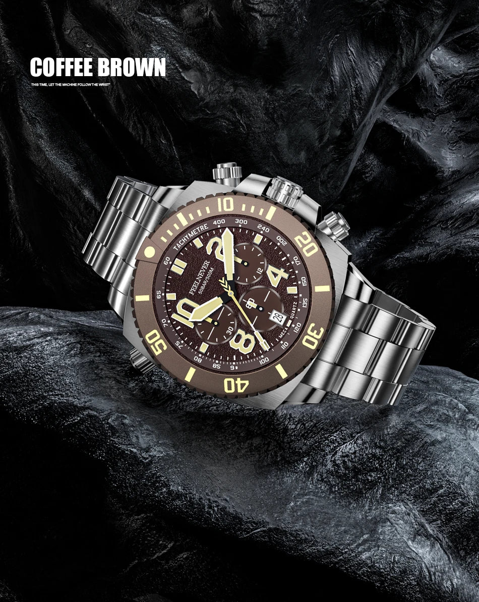 FeelNever Sport Automatic Movement Quartz Watch Stainless Steel Sapphire Crystal Watches Men 500M Waterproof Clocks Reloj Hombre