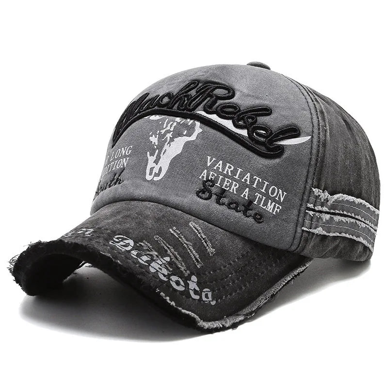 Vintage Embroidery Letter Bull Washed Baseball Cap, Retro Sun Hat for Men Women, Casual Hip Hop Peak Cap