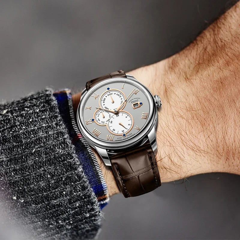 Luxury Brand BORMAN Automatic Mechanical Men's Watches Sapphire 50M Waterproof Multi-function Dial Retro Leather Clocks BM18011