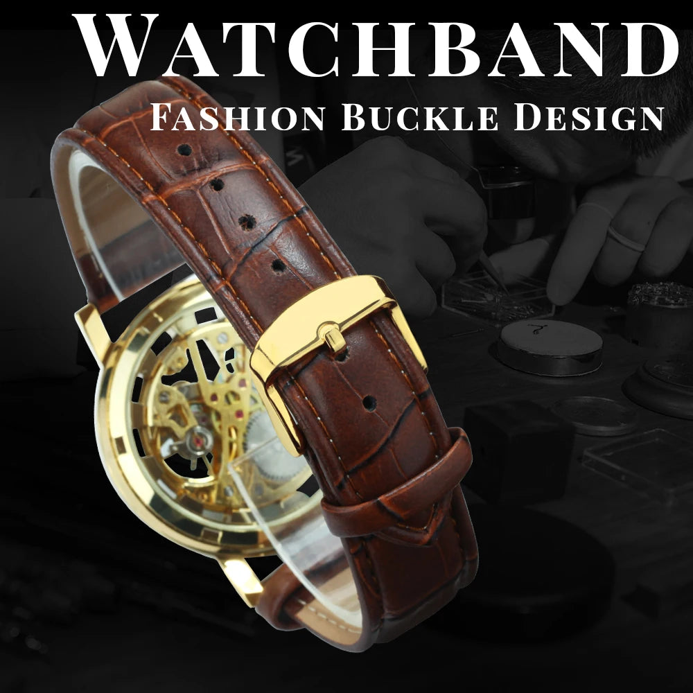 Winner Transparent Luxury Skeleton Mechanical Watches Casual Leather Strap Gold Watch for Men Luminous Hands Retro Wristwatches