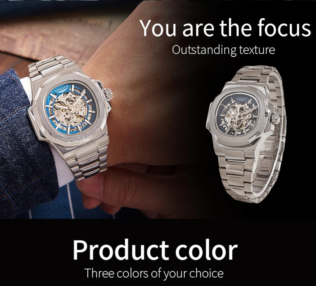 LONGLUX Men automatic mechanical watch luxury watches waterproof skeleton business cheap wholesale stainless steel gift watch
