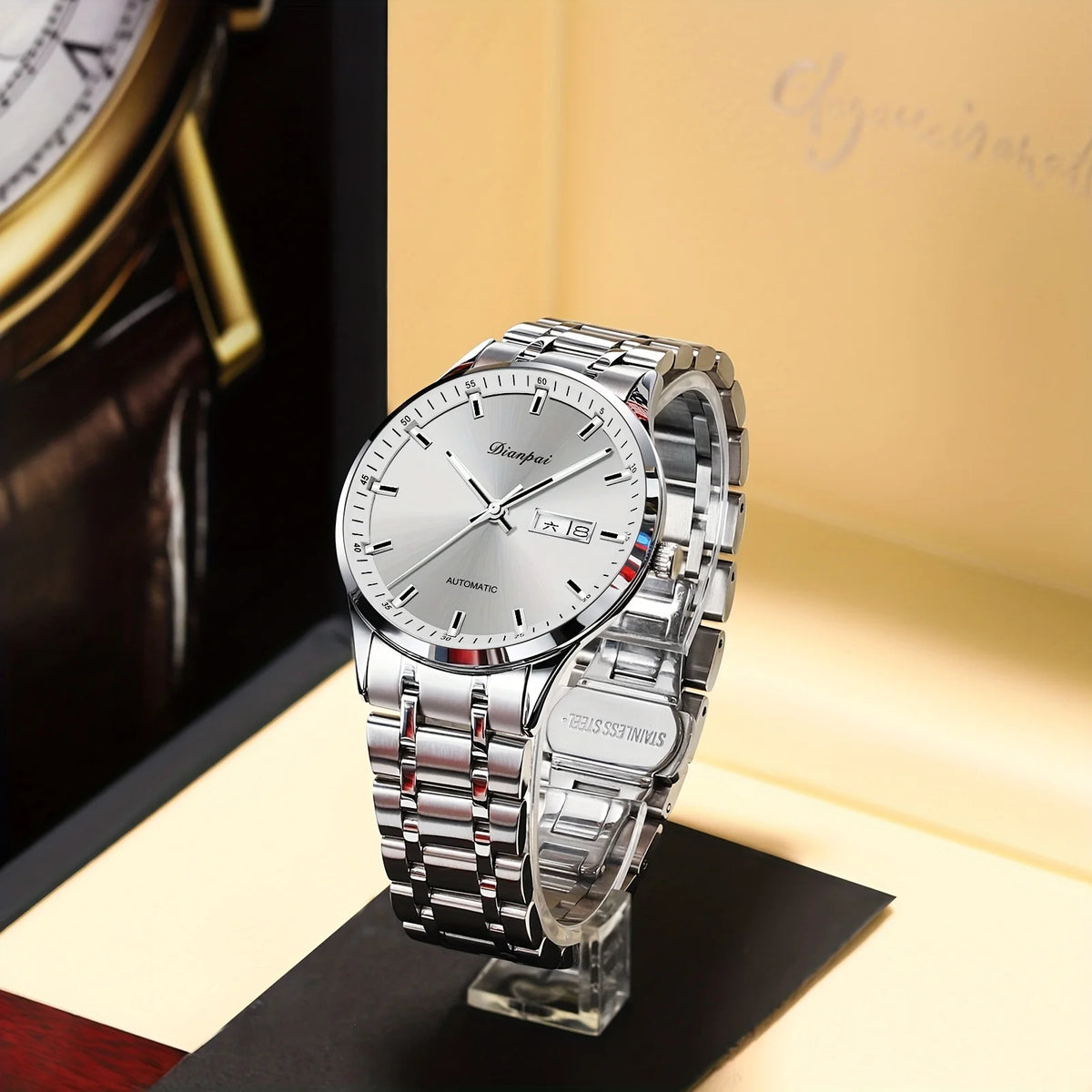 Reloj mecánico automático para hombre Dianpai: modelo de lujo, esfera luminiscente, diseño clásico y elegante, de acero inoxidable, resistente al agua, con calendario e indicación del día de la semana