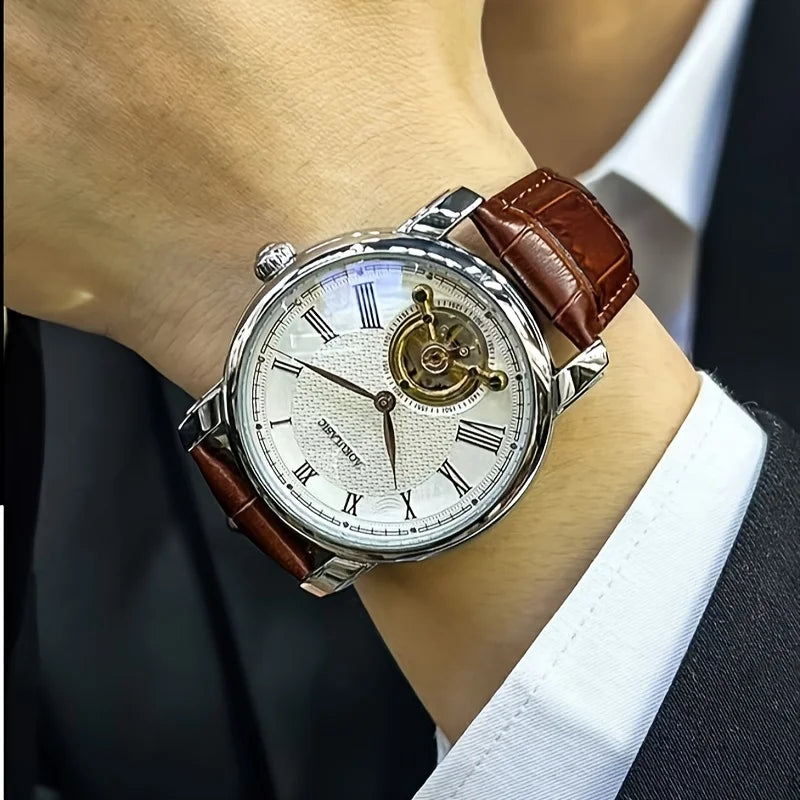 Mechanische Automatikuhr für Herren – Elegantes Ajour-Design, trendiger „Business-Casual“-Stil, Gehäuse aus Metalllegierung und Lederarmband, batterielos