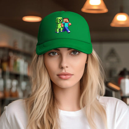 blocky adventurer discover a Creepers monster behind him Trucker Cap Sun Hats Cap Adjustable Snapback Caps Mesh Baseball Cap