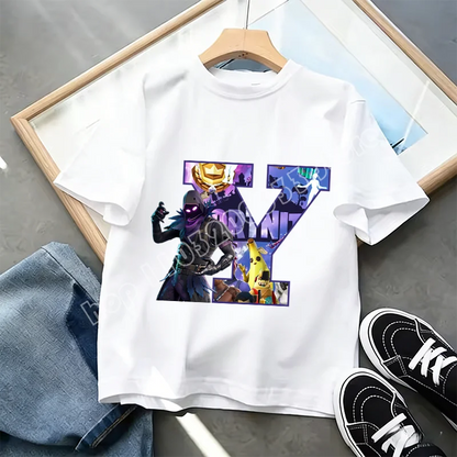 Fortnite A-Z Alphabet Print T Shirt Summer Kids White Clothing Popular Cartoon Game T Shirt Fashion Casual Short Sleeve Top Gift