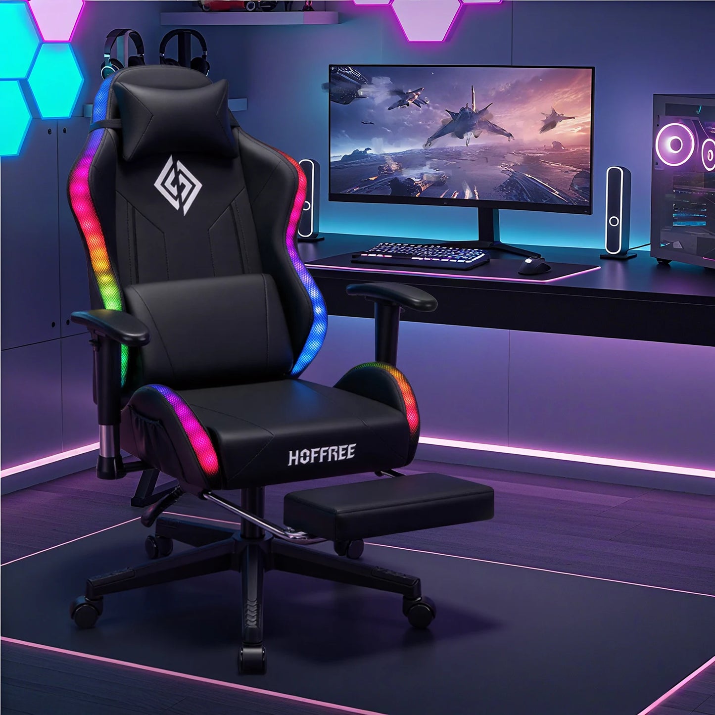 Silla gaming LED para niños de 8-15 años, silla gamer ajustable con iluminación LED, reposapiés y soporte lumbar, silla ergonómica para PC