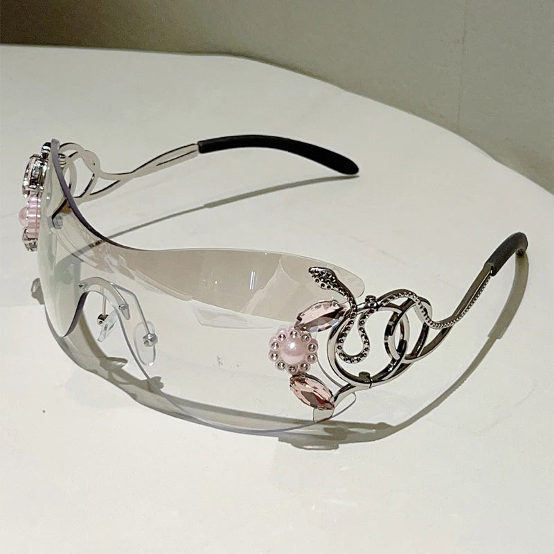 KAMMPT Rimless Y2k Sunglasses with Rhinestones Women Fashion Monoblock Outdoor Decor Shades Trendy Design Gradient Sun Glasses