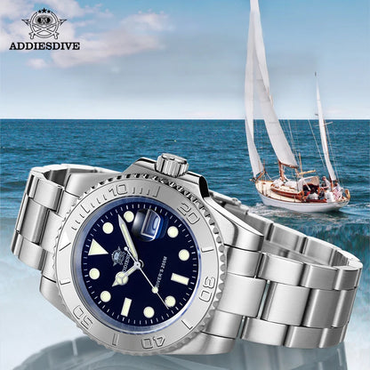 ADDIESDIVE Men's Quartz Watch 200m Waterproof Ceramic Bezel Steel Watch Magnifying Mirror Glass BGW9 Blue Luminous Diving Watch