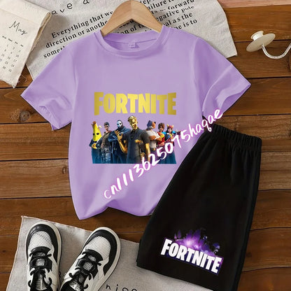 Summer Kids Game Fortnite T-Shirt Suit Anime Short Sleeve Shorts 2 Piece Summer Children Cotton Casual Sportswear Gifts