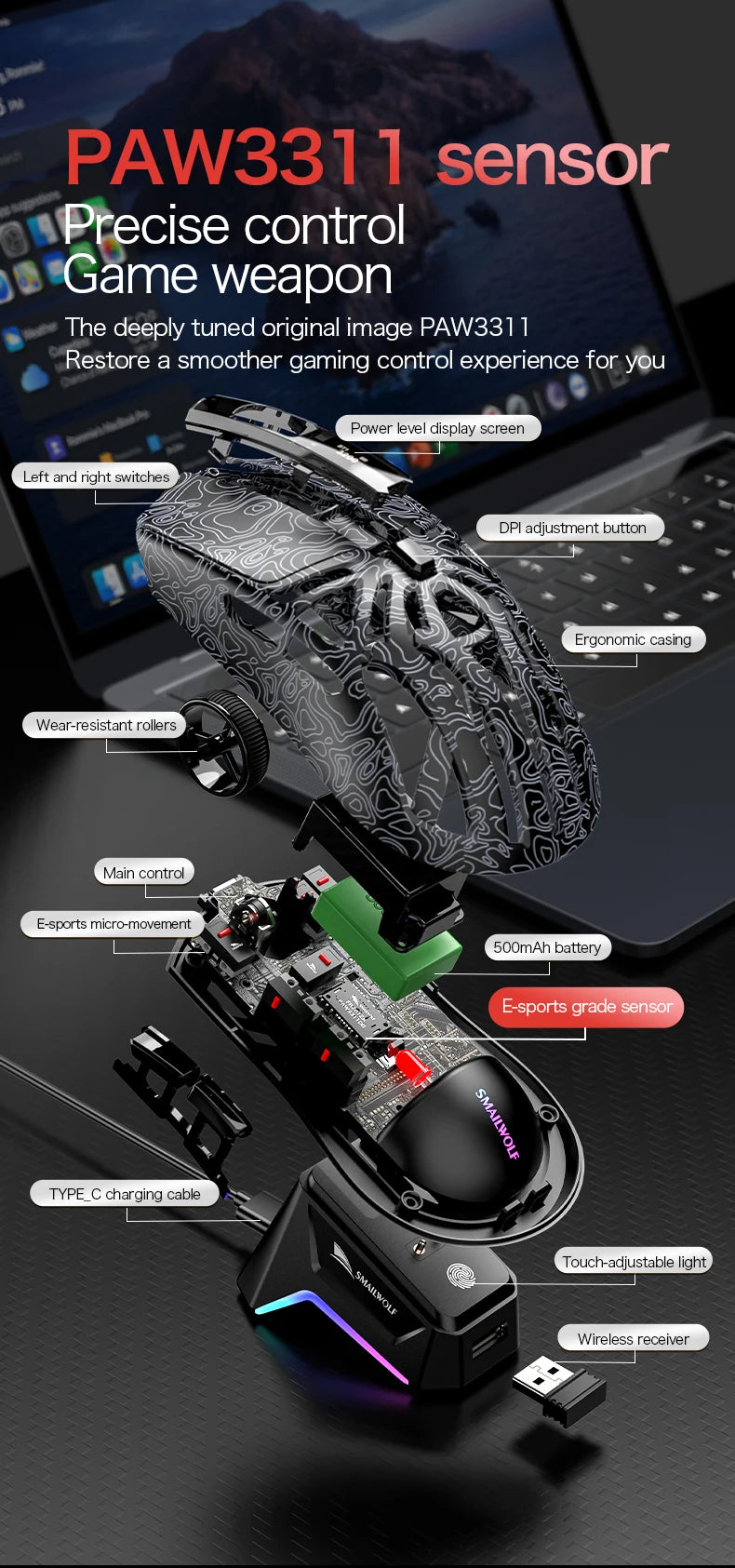 SMAILWOLF M8 Wireless Bluetooth Tri-Mode Mouse Lightweight PAW3311 Gaming RGB Magnetic Charging 12000dpi Gaming Mouse
