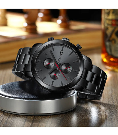 Herrenuhr CRRJU – Chronograph aus Edelstahl, wasserdicht, mit Datumsanzeige, analogem Quarzwerk, eleganter und professioneller Stil