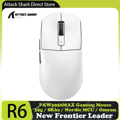 ATTACK SHARK R6 PAW3950MAX bezdrátová herní myš, polling 8Khz, ultralehká 39g, MCU Nordic 52840, optické mikrospínače Omron