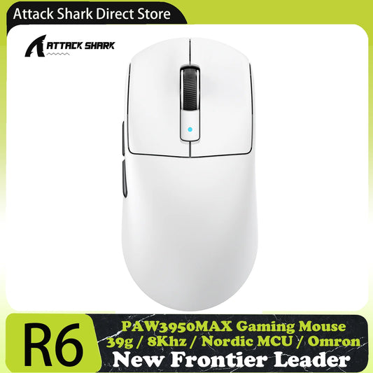 Rato Gaming Sem Fios ATTACK SHARK R6 PAW3950MAX, sondagem de 8Khz, ultraleve 39g, MCU Nordic 52840, microinterruptores óticos Omron
