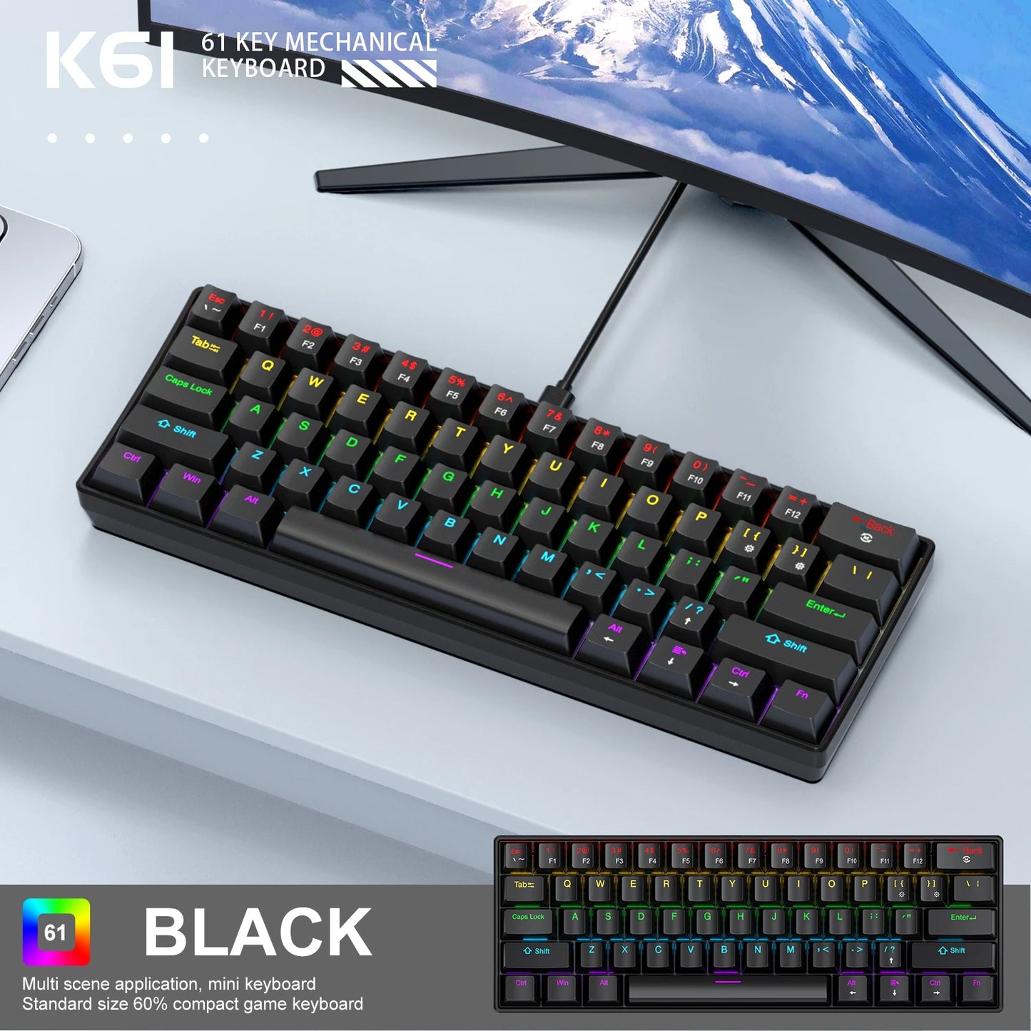 APAYADO K61 Mini-Mechanische Tastatur, kabelgebunden, 61 Tasten, Phantom RGB, schwarz/weiß, mechanische rote/blaue Switches für Gaming, 60% tragbar