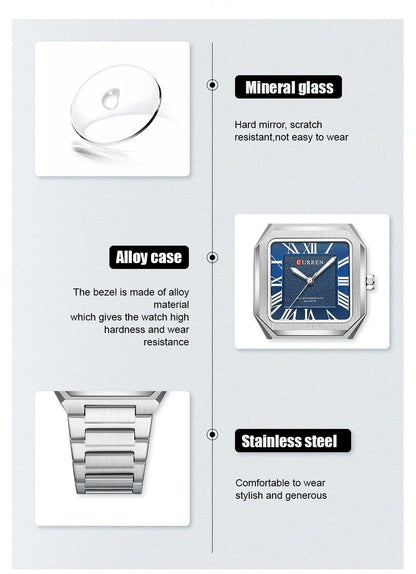CURREN Vintage Square Design Dial with Roman Numeral Classic Business Dress Quartz Watch for Men with Luminous Hands 8482