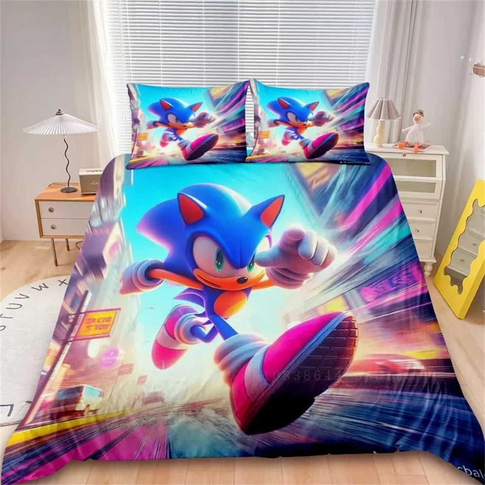 Cartoon-Bettbezug-Set, weiche Baumwoll-Bettwäsche, S-Sonic-S Film H-HedgehogS, 2/3-teiliges Set, für alle Jahreszeiten, Studentenwohnheim