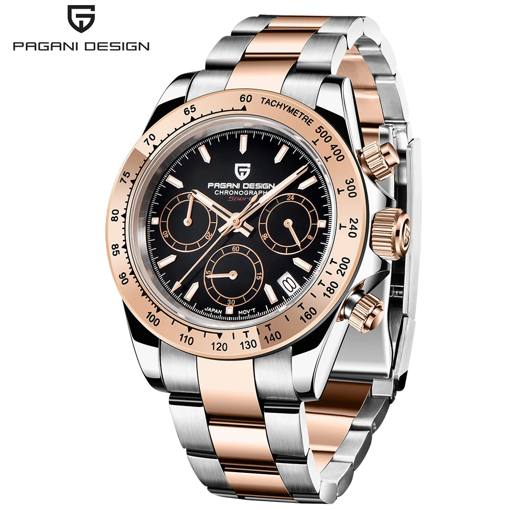 Męski zegarek chronograf PAGANI DESIGN – Luksusowy zegarek na rękę z mechanizmem kwarcowym, podświetlany i wodoodporny.