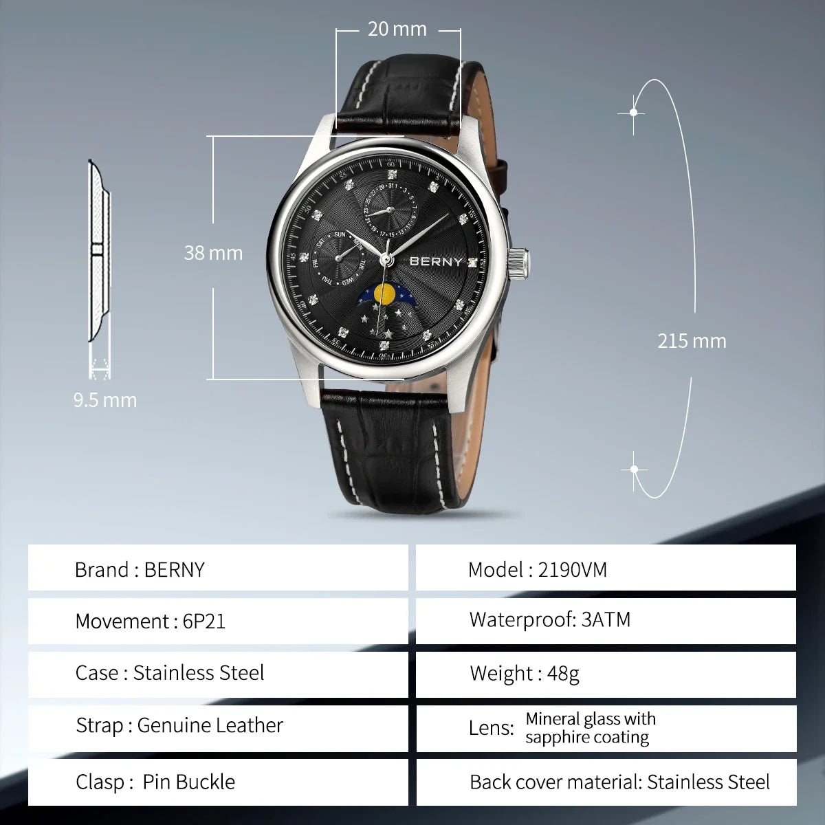 BERNY Men's Watch Date Weeks Moon Phase Quartz Watches for Men Stainless Steel Leather Strap Business Wristwatch Male Clock