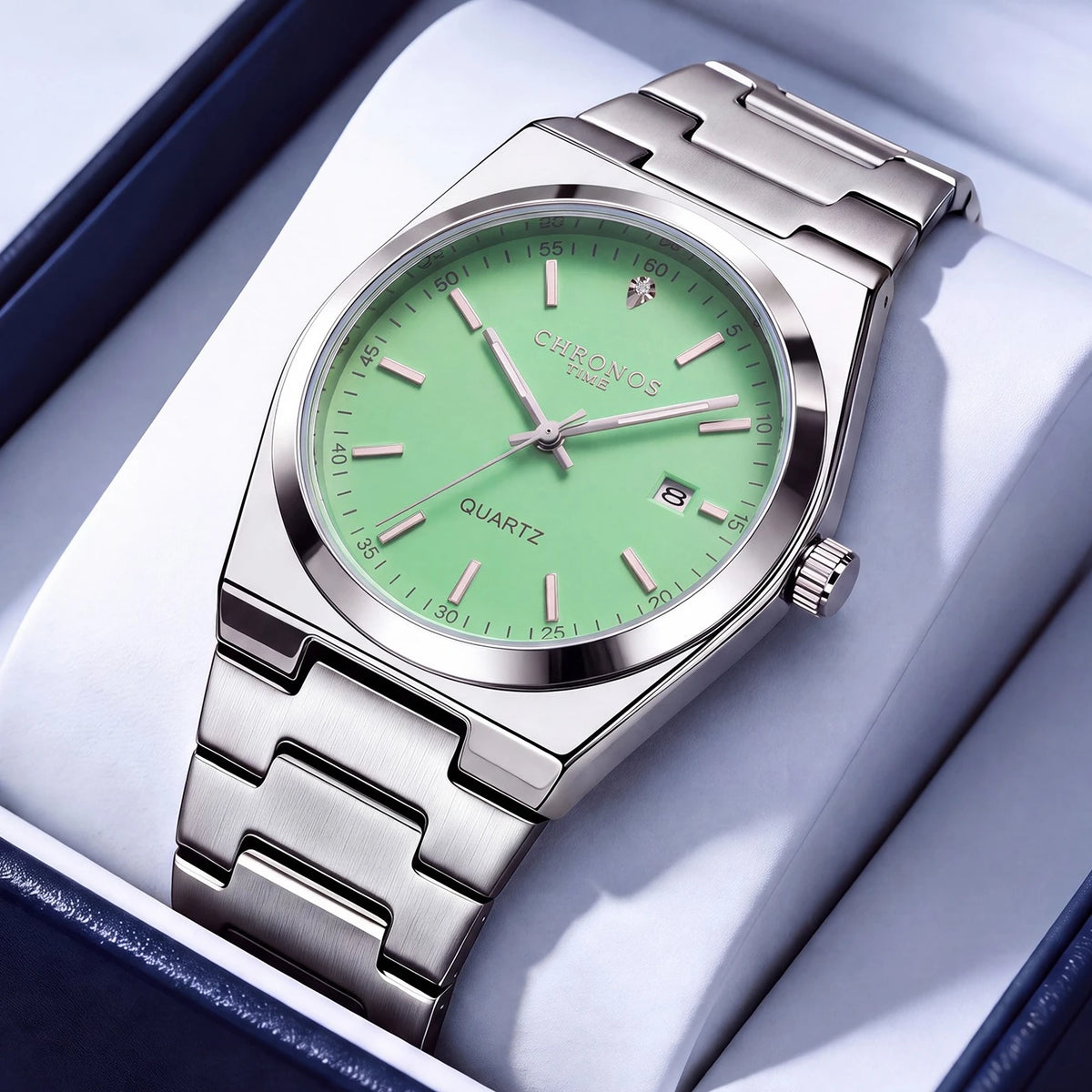 Relógio de quartzo para homem CHRONOS – Bracelete em aço inoxidável, resistente à água, ponteiros luminescentes, indicador de data – Ideal para o trabalho, o desporto ou o dia a dia